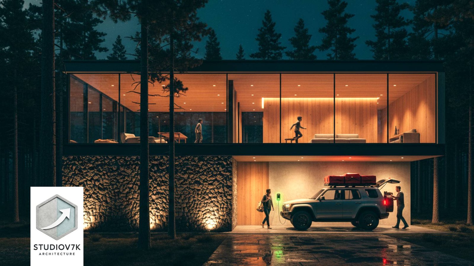 IMAGEN - StudioV7k - Arquitectura - architecture - Residencia Bio Adaptativa México - La Llegada Vista frontal nocturna iluminación indirecta baña los muros de piedra - 07